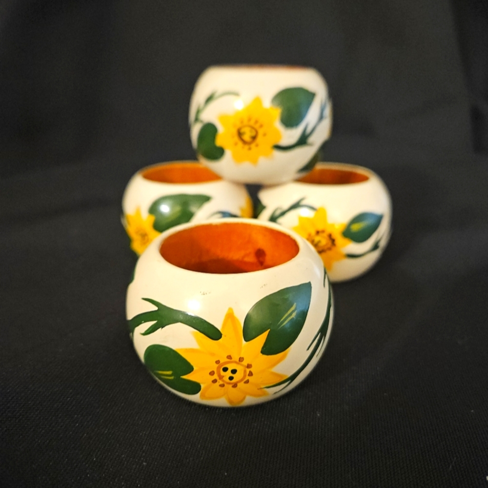 Hand Painted Wooden Sunflower Napkin Rings Set of 4 Vintage Cottagecore Chic